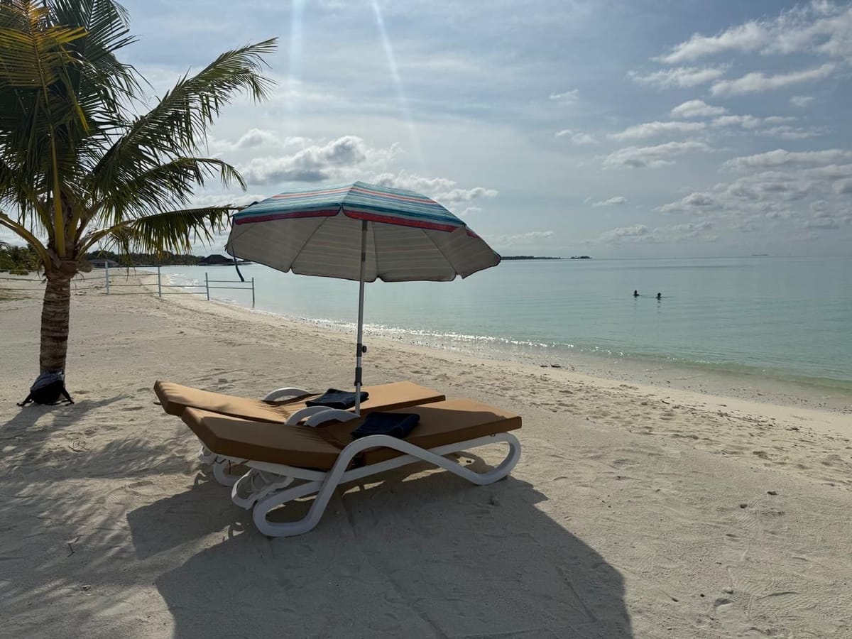 Loungers under an umbrella on the beach in front of the house