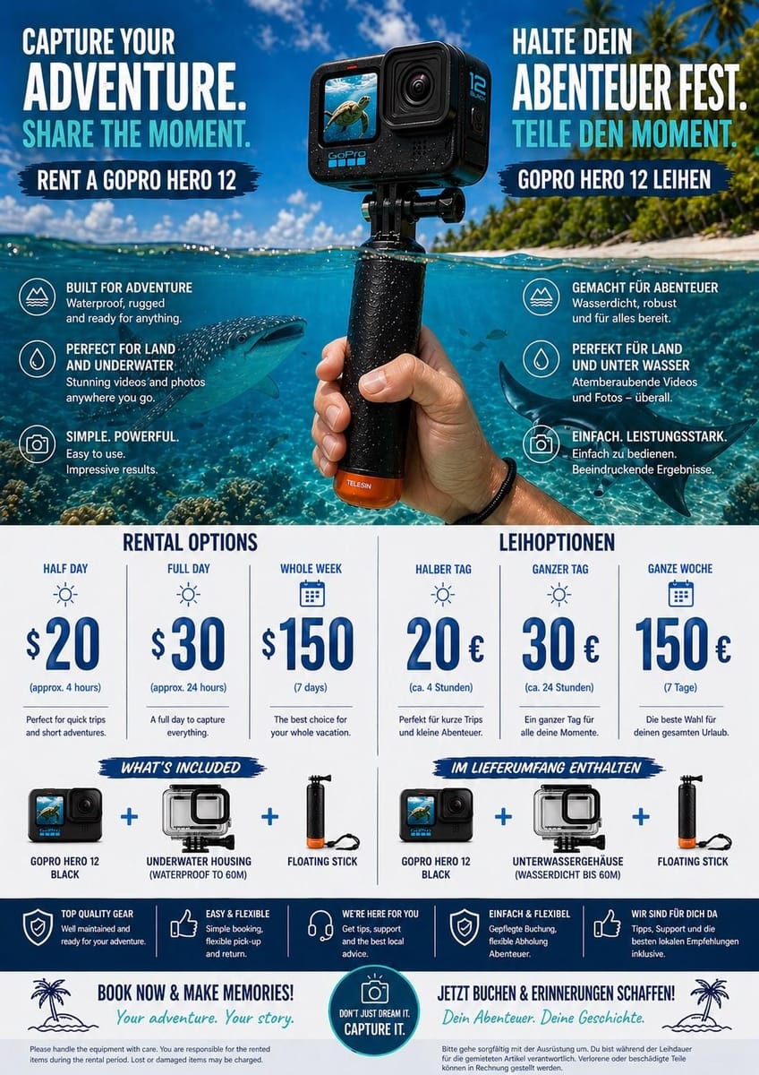 Flyer “Rent a GoPro HERO12”: half day, full day or a whole week; the set has the camera, the underwater housing (waterproof to 60 m) and the floating stick.