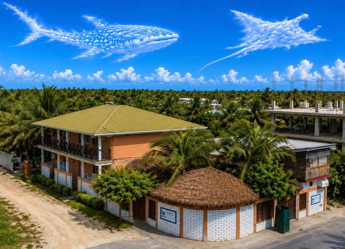 The guesthouse from the air, with a whale shark and a manta in the clouds