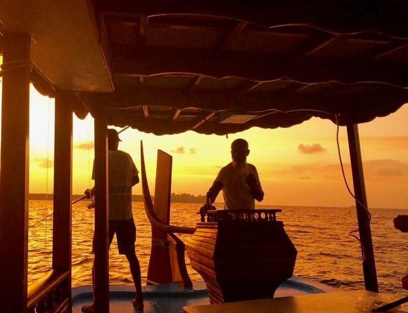 Setting off for night fishing at sunset